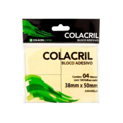 BLOCO ADESIVO POST-IT 38X50MM C/4 100FLS AMARELO - COLACRIL-0